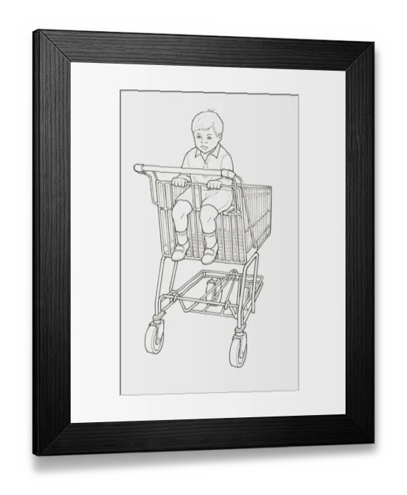 Framed Print : Black and white illustration of boy sitting in supermarket trolley Framed Print : Black and white illustration of boy sitting in supermarket trolley