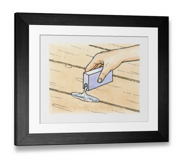 Framed Print : Hand pouring talcum powder into cracks between old floorboards to prevent squeaks Framed Print : Hand pouring talcum powder into cracks between old floorboards to prevent squeaks