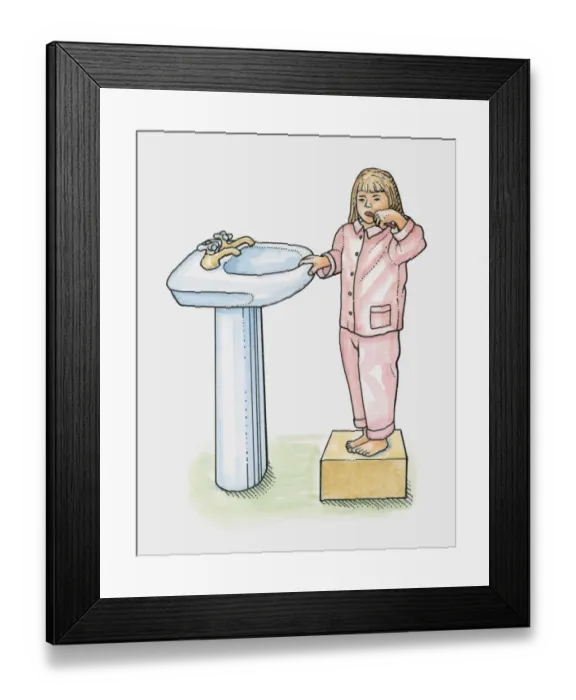 Framed Print : Young girl in pyjamas standing on box next to basin, brushing her teeth Framed Print : Young girl in pyjamas standing on box next to basin, brushing her teeth