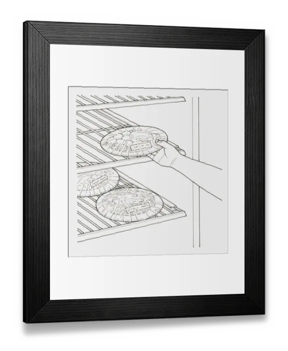 Framed Print : Black and white illustration of freezer being stocked with meals in single portions Framed Print : Black and white illustration of freezer being stocked with meals in single portions