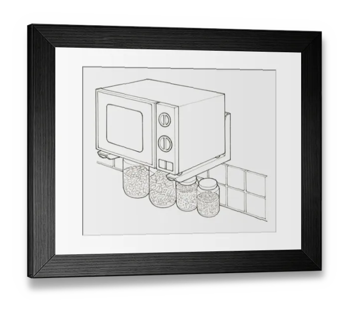 Framed Print : Black and white illustration of microwave mounted on wall with metal brackets, and jars of food underneath Framed Print : Black and white illustration of microwave mounted on wall with metal brackets, and jars of food underneath