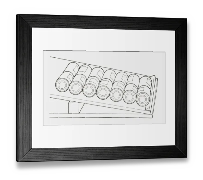 Framed Print : Black and white illustration of a sloping shelf containing cans Framed Print : Black and white illustration of a sloping shelf containing cans