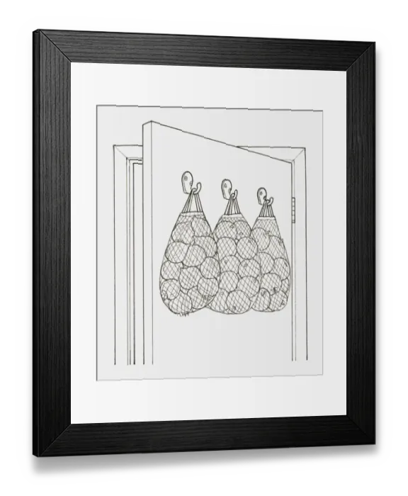 Framed Print : Black and white illustration of string bags holding fruit and vegetables hanging from hooks on the back of a door Framed Print : Black and white illustration of string bags holding fruit and vegetables hanging from hooks on the back of a door