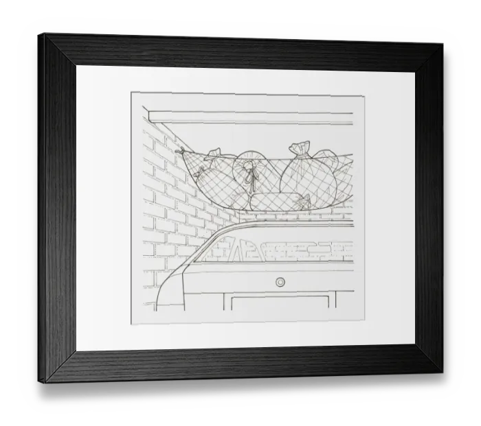 Framed Print : Black and white illustration of a net hung across a garages ceiling, holding various items packed up in bags Framed Print : Black and white illustration of a net hung across a garages ceiling, holding various items packed up in bags