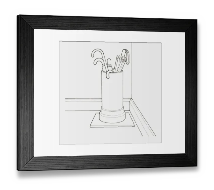Framed Print : Black and white illustration of umbrellas stored in an old earthenware pipe, placed on a ceramic tile Framed Print : Black and white illustration of umbrellas stored in an old earthenware pipe, placed on a ceramic tile