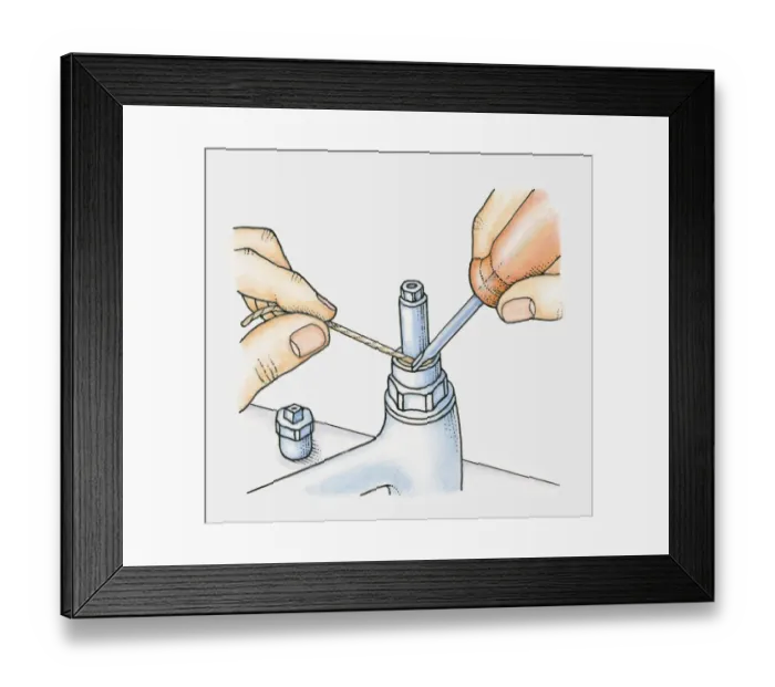 Framed Print : Repairing a leaking tap, winding new length of string around spindle and pushing it in with screwdriver Framed Print : Repairing a leaking tap, winding new length of string around spindle and pushing it in with screwdriver
