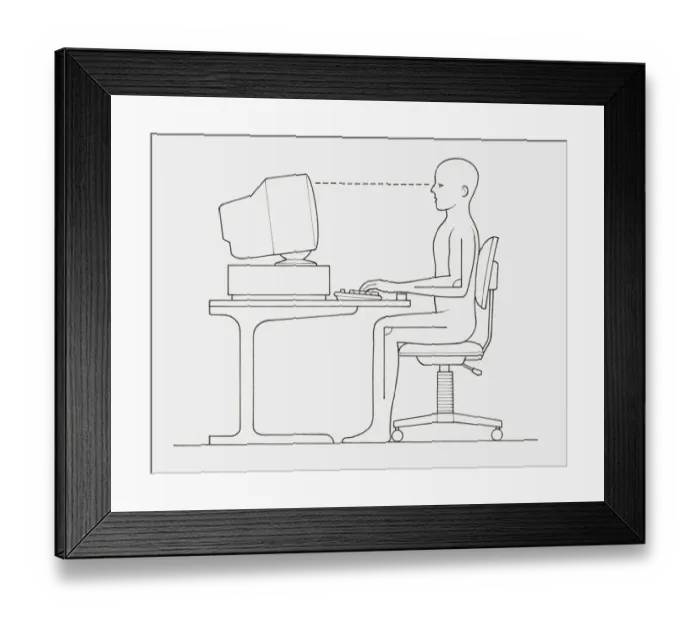 Framed Print : Black and white illustration of office worker positioned at computer with back straight and wrists and feet supported, side view Framed Print : Black and white illustration of office worker positioned at computer with back straight and wrists and feet supported, side view