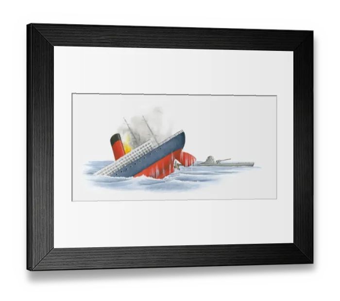 Framed Print : Merchant ship sinking after being torpedoed by German submarine during World War One