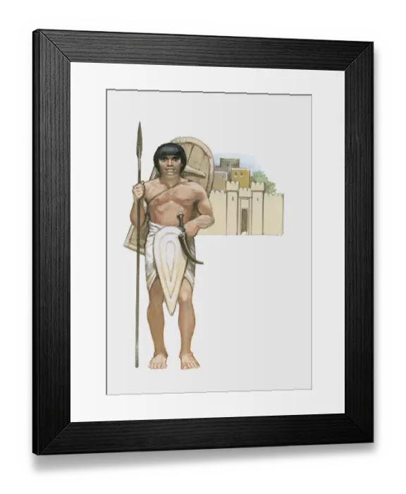 Framed Print : Illustration of ancient Egyptian soldier holding spear in front of building Framed Print : Illustration of ancient Egyptian soldier holding spear in front of building