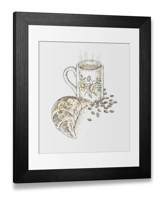Framed Print : Illustration of steaming mug of coffee, croissant, and coffee beans Framed Print : Illustration of steaming mug of coffee, croissant, and coffee beans