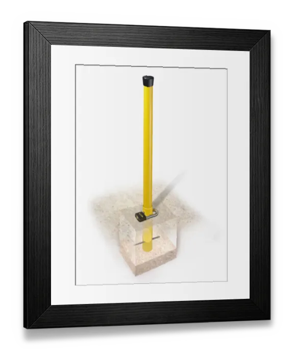 Framed Print : Post in concrete bedding, secured with padlock Framed Print : Post in concrete bedding, secured with padlock