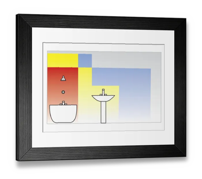 Framed Print : Illustration of different zones in a bathroom, specifying what electrical equipment can be installed Framed Print : Illustration of different zones in a bathroom, specifying what electrical equipment can be installed