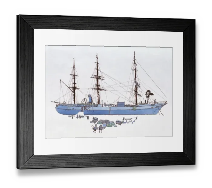 Framed Print : Illustration of early 20th century cargo ship stranded on ice
