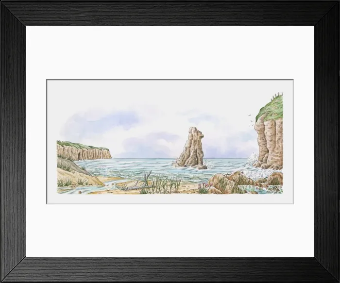 Framed Print : Coastline showing sand dunes, rock stack, saltmarsh flowers, tide pools and clifftop turf Framed Print : Coastline showing sand dunes, rock stack, saltmarsh flowers, tide pools and clifftop turf
