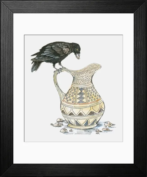 Framed Print : Illustration of crow perching on edge of jug with stone in beak Framed Print : Illustration of crow perching on edge of jug with stone in beak