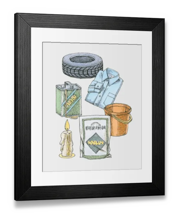 Framed Print : Illustration of rubber tyre, folded shirt, lit candle, plastic bucket, plastic sack and oil can Framed Print : Illustration of rubber tyre, folded shirt, lit candle, plastic bucket, plastic sack and oil can