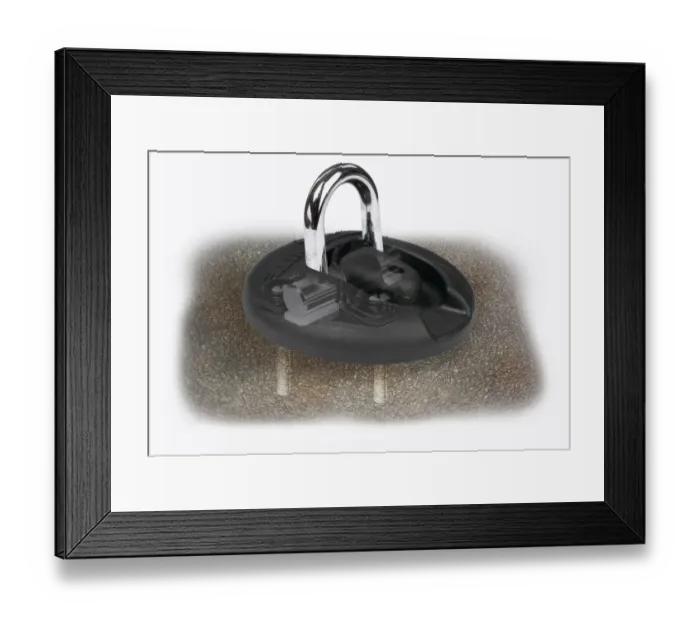 Framed Print : Ground anchor, fixed to the ground with large security bolts Framed Print : Ground anchor, fixed to the ground with large security bolts