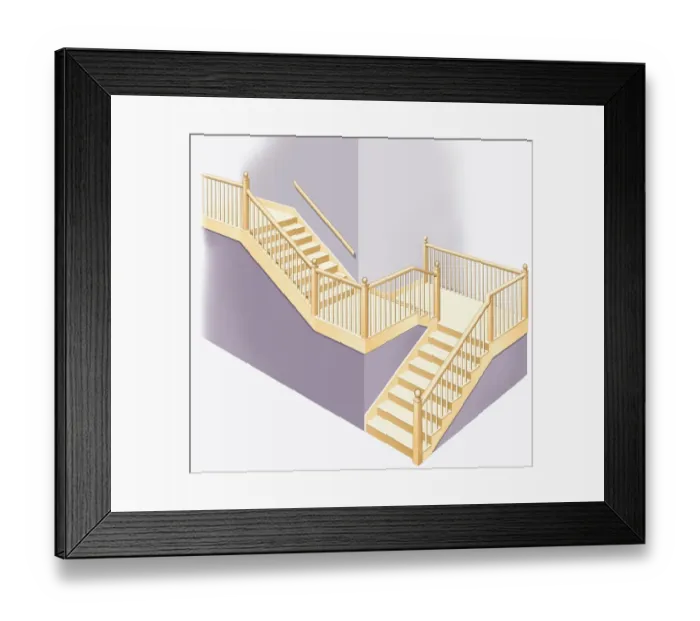Framed Print : Staircase with landing and wooden railings