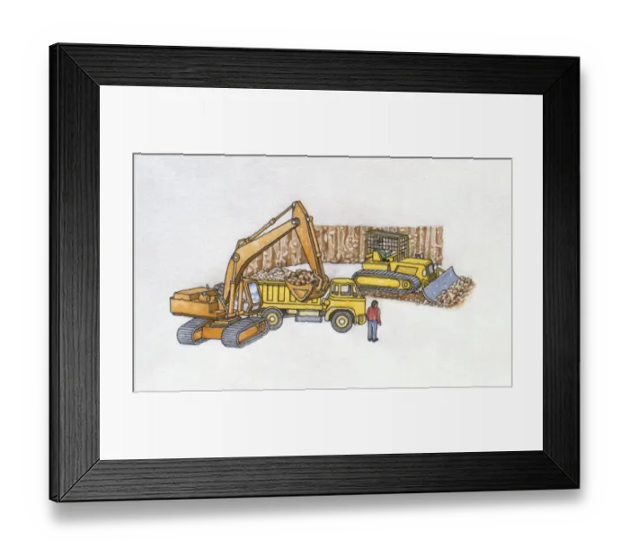 Framed Print : Illustration of bulldozer, excavator and truck on construction site Framed Print : Illustration of bulldozer, excavator and truck on construction site