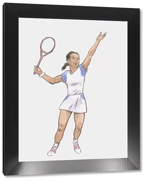Illustration of young female tennis player preparing to serve ball