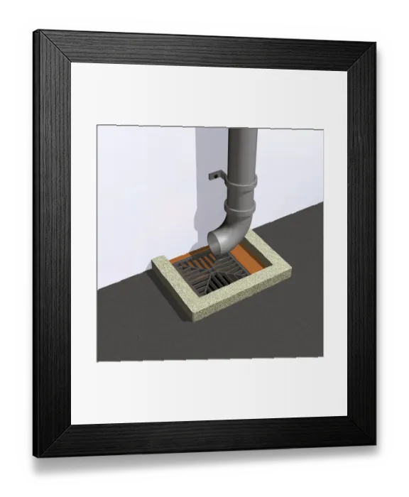 Framed Print : Downpipe and gully, close-up Framed Print : Downpipe and gully, close-up