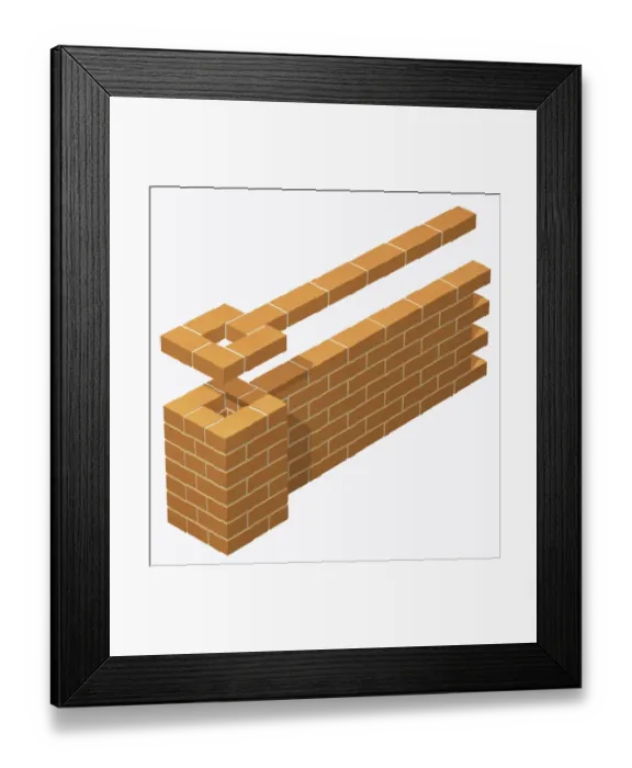 Framed Print : End pier on brick wall, built in stretcher bond bricklaying pattern