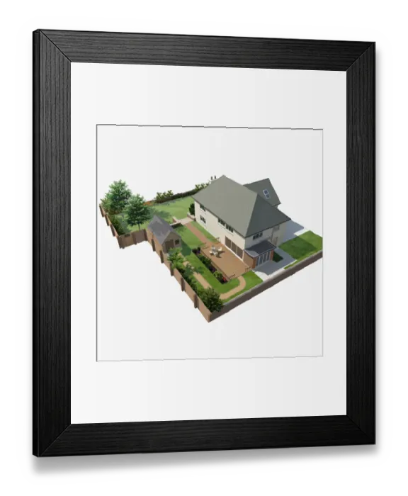 Framed Print : Model of a house with patio, garden and garden shed
