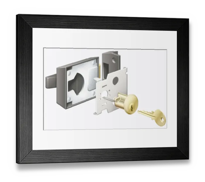 Framed Print : Cylinder lock and key, exploded view Framed Print : Cylinder lock and key, exploded view