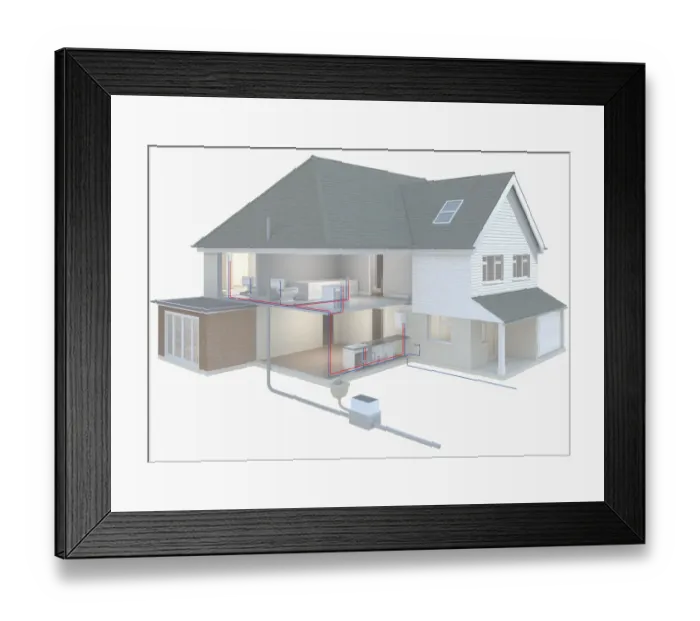 Framed Print : Cross section model of a house with direct water supply system Framed Print : Cross section model of a house with direct water supply system