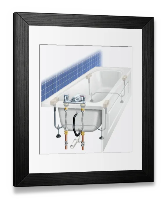 Framed Print : Bath tub with pipes exposed