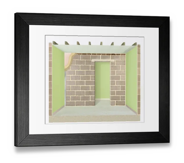 Framed Print : A solid block wall with layers of plaster shown in top right corner Framed Print : A solid block wall with layers of plaster shown in top right corner