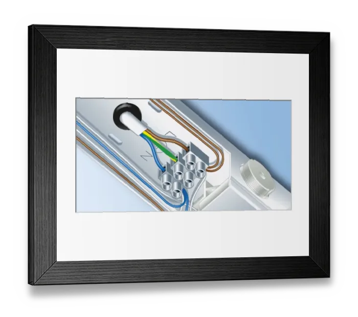Framed Print : Light fitting with fixed terminals, close-up Framed Print : Light fitting with fixed terminals, close-up