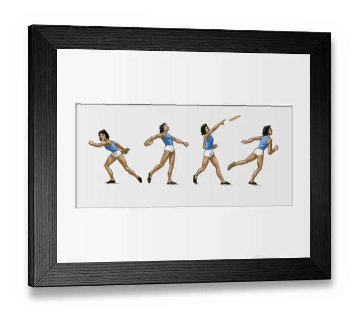 Framed Print : Sequence of illustrations showing female athlete throwing discus Framed Print : Sequence of illustrations showing female athlete throwing discus