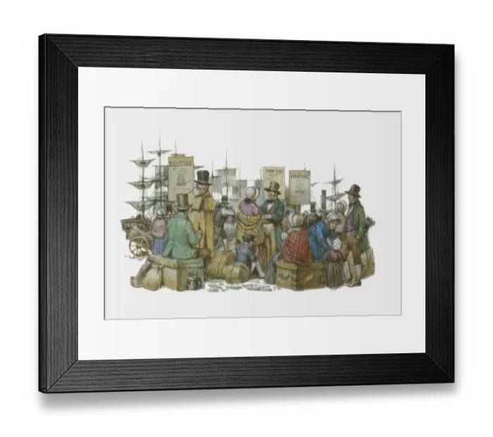 Framed Print : Illustration of European immigrants waiting at docks after arrival in America Framed Print : Illustration of European immigrants waiting at docks after arrival in America