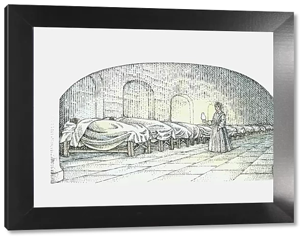 Black and white illustration of Florence Nightingale walking with lamp near beds of injured Soldiers