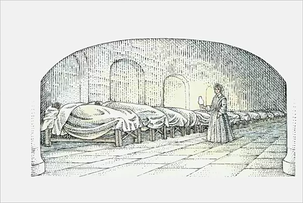 Black and white illustration of Florence Nightingale walking with lamp near beds of injured Soldiers