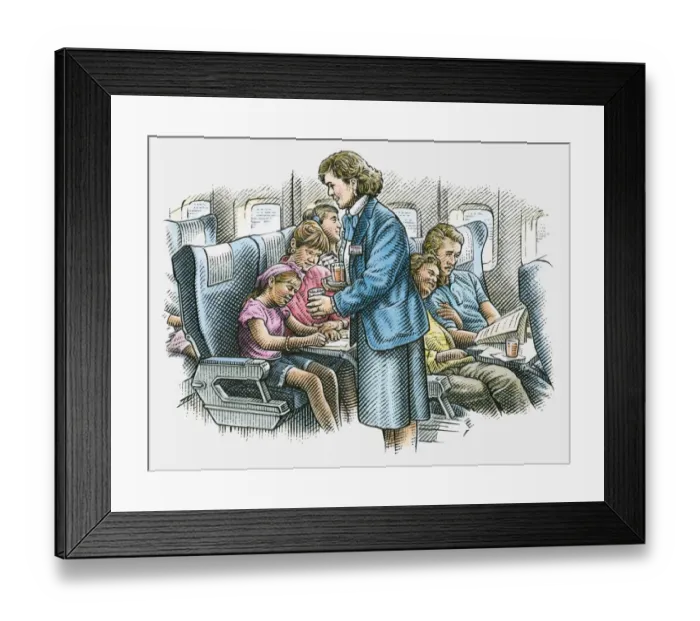 Framed Print : Illustration air hostess serving drinks to passengers on commercial aircraft Framed Print : Illustration air hostess serving drinks to passengers on commercial aircraft