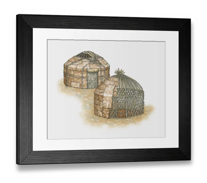 Framed Print : Illustration of two yurts, one showing construction frame Framed Print : Illustration of two yurts, one showing construction frame