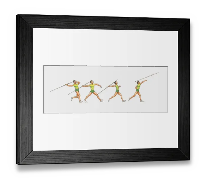 Framed Print : Sequence of illustrations showing male athlete throwing javelin Framed Print : Sequence of illustrations showing male athlete throwing javelin