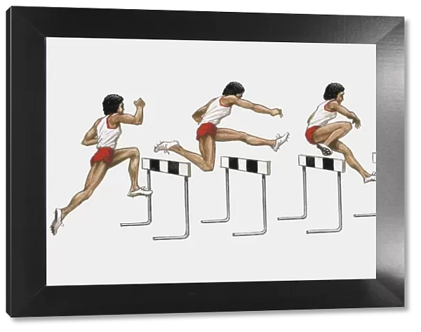 Sequence of illustrations of male athlete jumping over hurdles