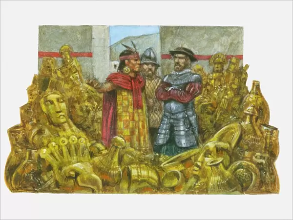 Illustration of Francisco Pizarro standing next to Inca Emperor Atahualpa in room full of gold