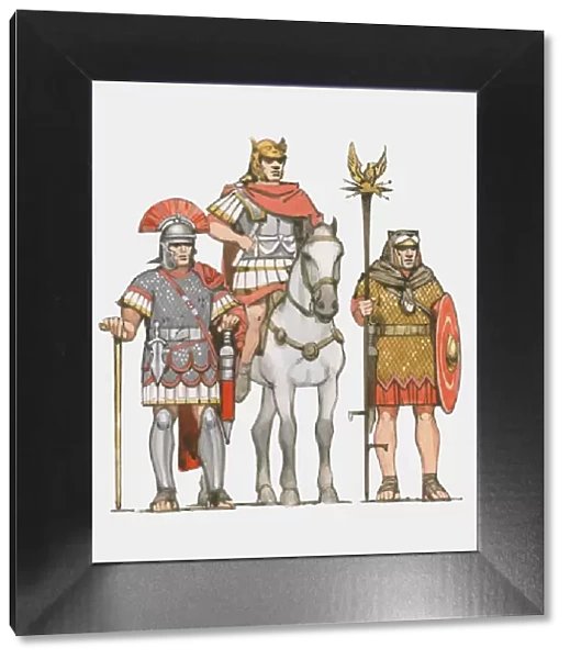 Illustration of three ranks of Roman soldier, Centurion, Legate on horseback, and Standard Bearer