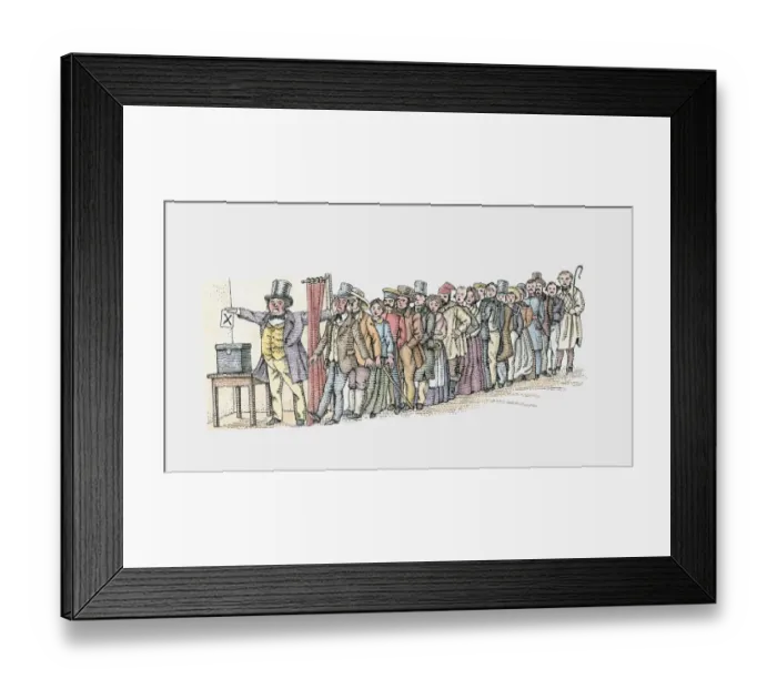 Framed Print : Illustration of man placing voting slip in ballot box at front of long line of voters