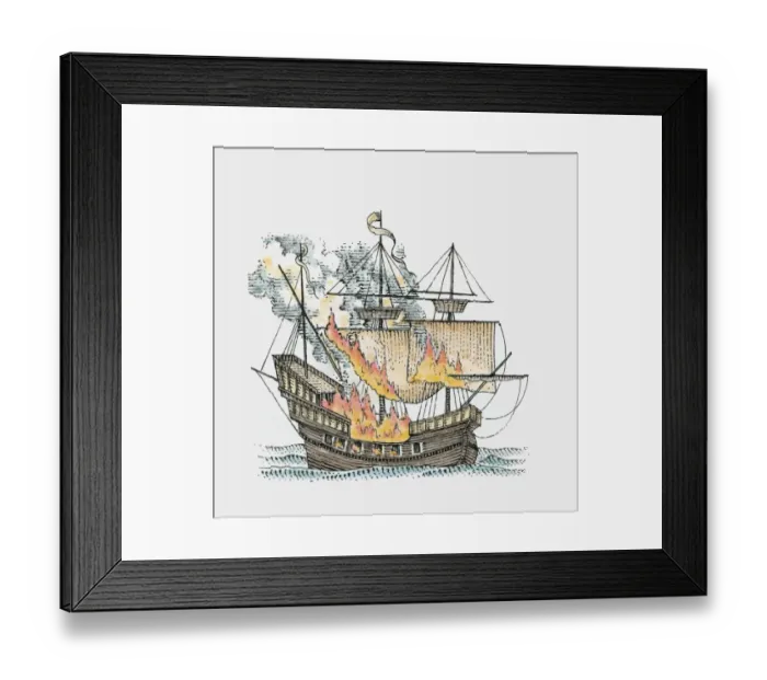 Framed Print : Illustration of galleon in flames on sea Framed Print : Illustration of galleon in flames on sea