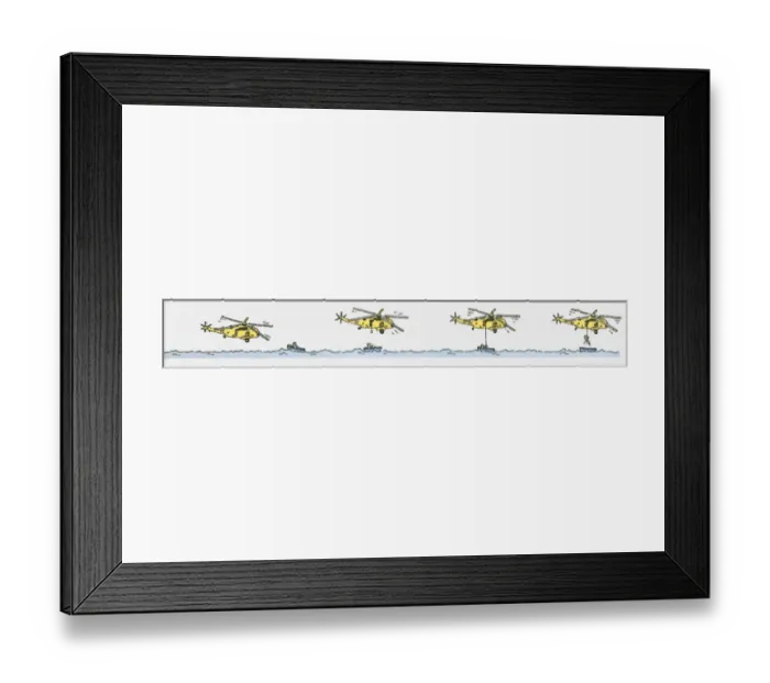 Framed Print : Sequence of illustrations showing helicopter rescuing person from sinking boat Framed Print : Sequence of illustrations showing helicopter rescuing person from sinking boat