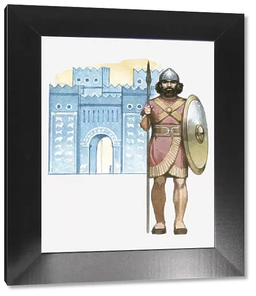 Illustration of Chaldean soldier with shield and spear standing in front of Babylons Ishtar Gate