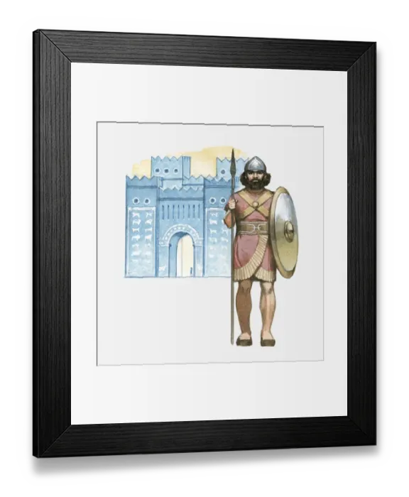 Framed Print : Illustration of Chaldean soldier with shield and spear standing in front of Babylons Ishtar Gate Framed Print : Illustration of Chaldean soldier with shield and spear standing in front of Babylons Ishtar Gate