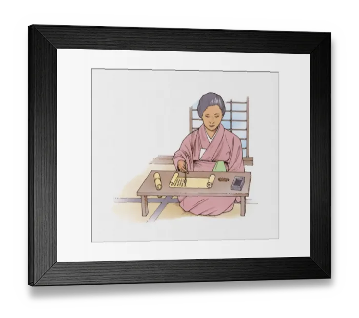 Framed Print : Illustration of Japanese woman writing with ink pen on scroll Framed Print : Illustration of Japanese woman writing with ink pen on scroll