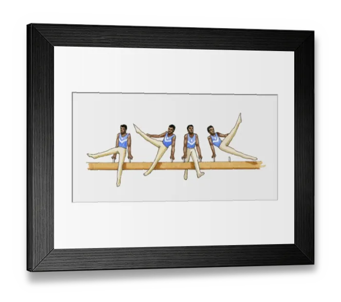 Framed Print : Sequence of illustrations showing male gymnast competing on pommel horse