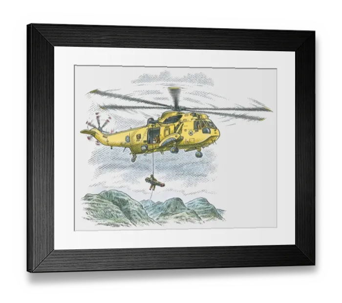 Framed Print : Illustration of helicopter rescuing injured man from mountain Framed Print : Illustration of helicopter rescuing injured man from mountain